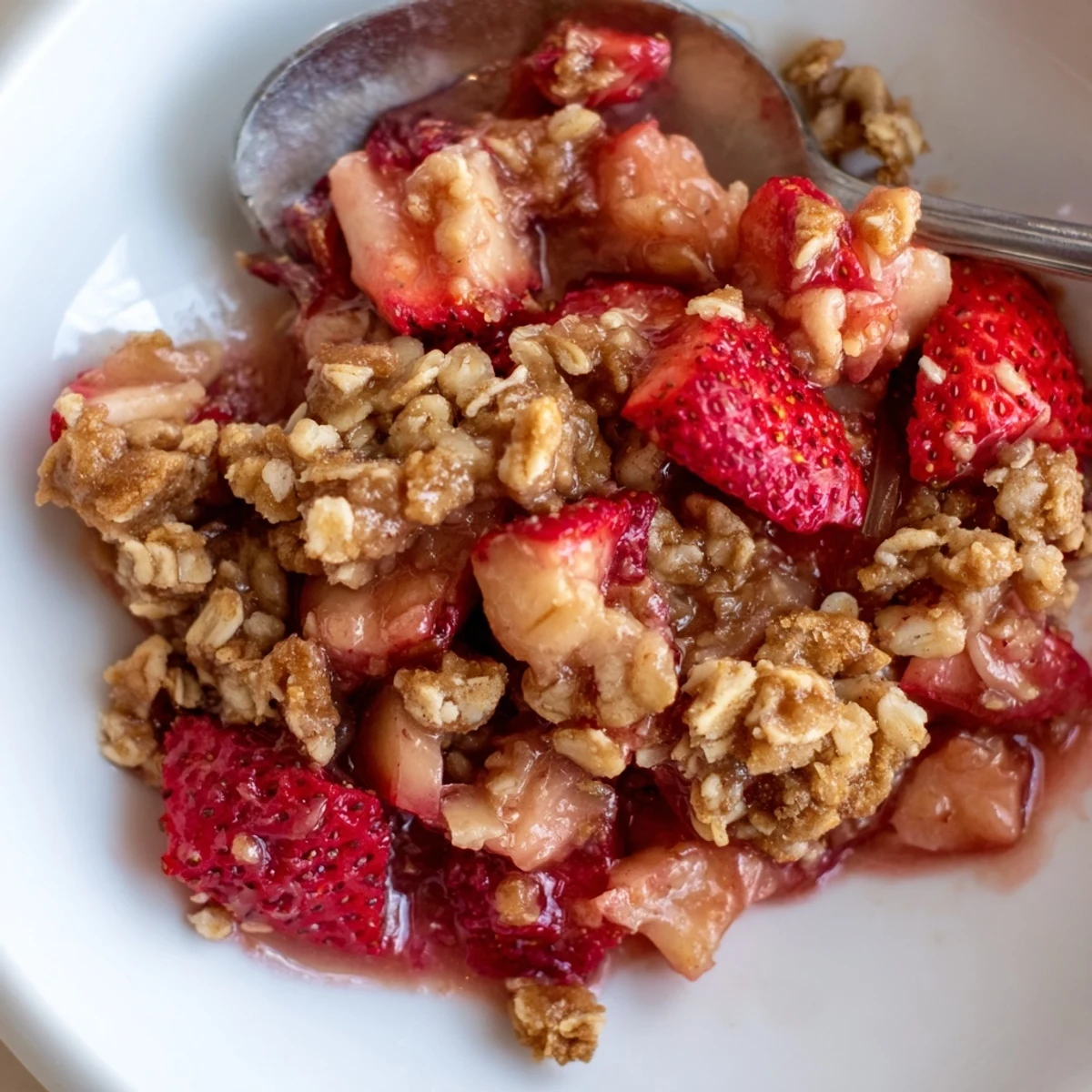 Slice of rustic Strawberry Rhubarb Crisp Recipe steaming, tart-sweet fruit filling