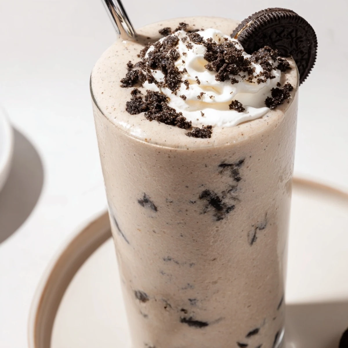 Cookies And Cream Protein Shake poured into glass, creamy chocolate cookie flecks visible