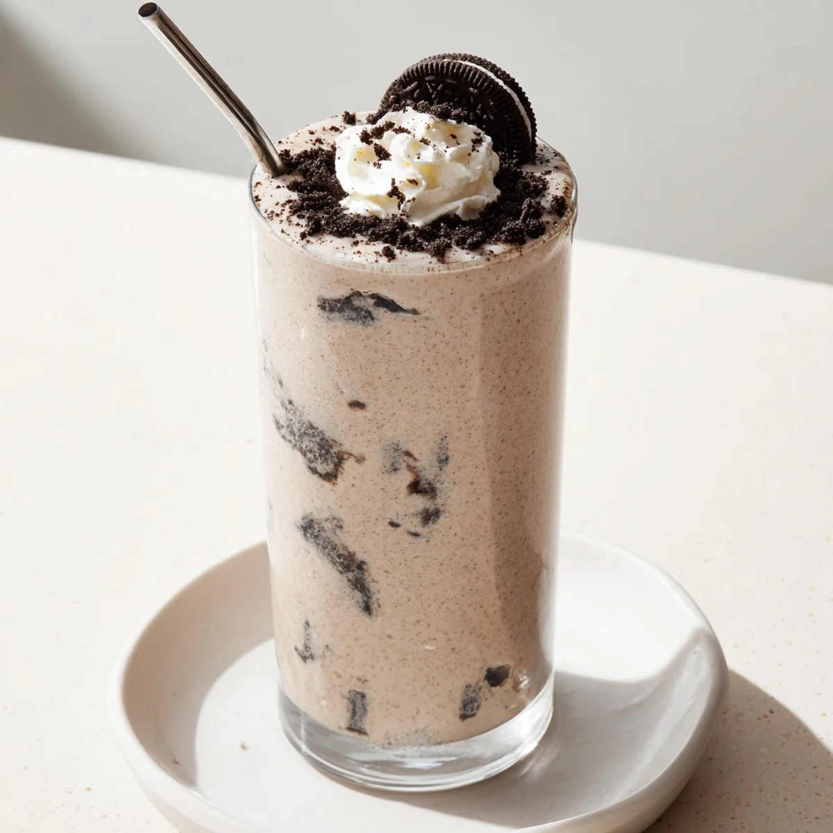 Cold Cookies And Cream Protein Shake topped with whipped cream and crushed cookies