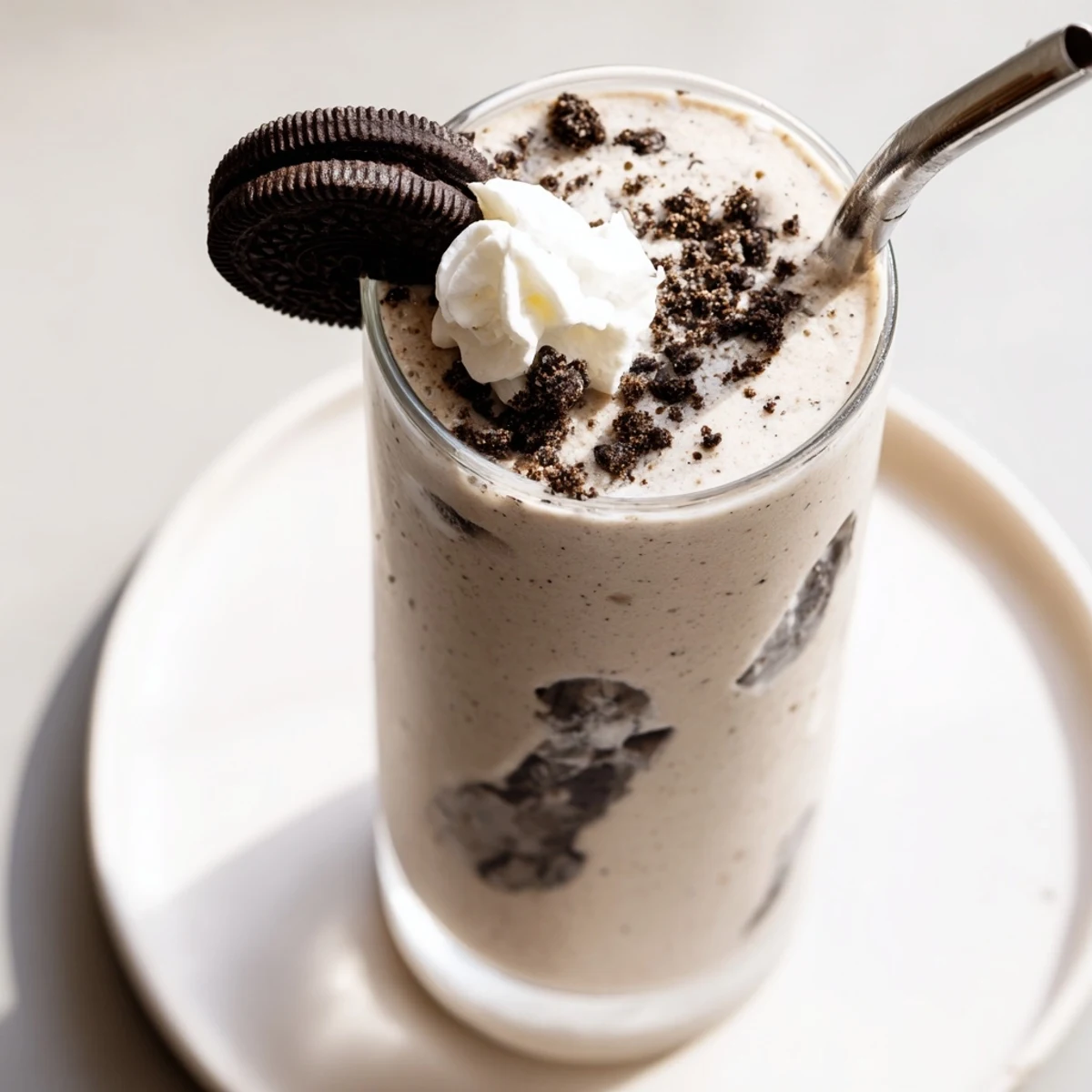 Post-workout Cookies And Cream Protein Shake thick, banana-smooth texture, served with straw