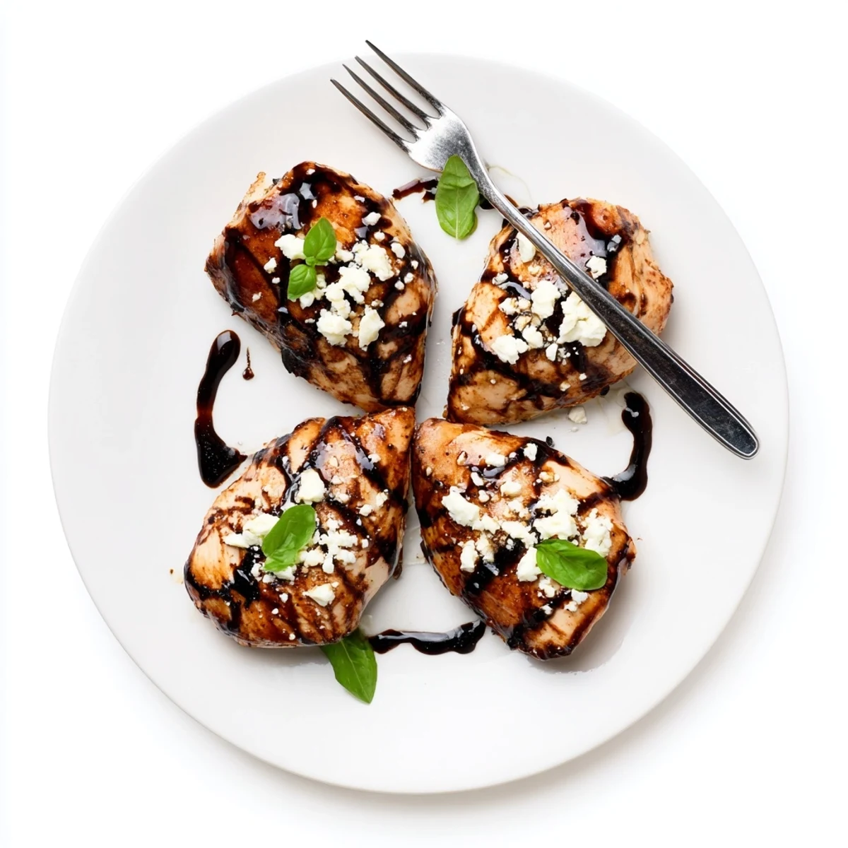 Plated Sweet Tangy Balsamic Chicken with Goat Cheese & Basil, glossy glaze.