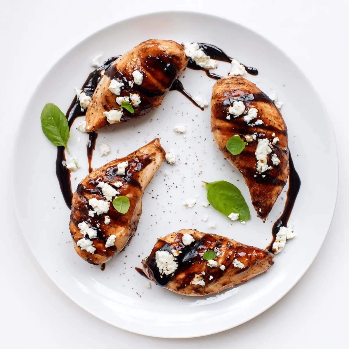 Weeknight-ready Sweet Tangy Balsamic Chicken with Goat Cheese & Basil, spooned with pan sauce.