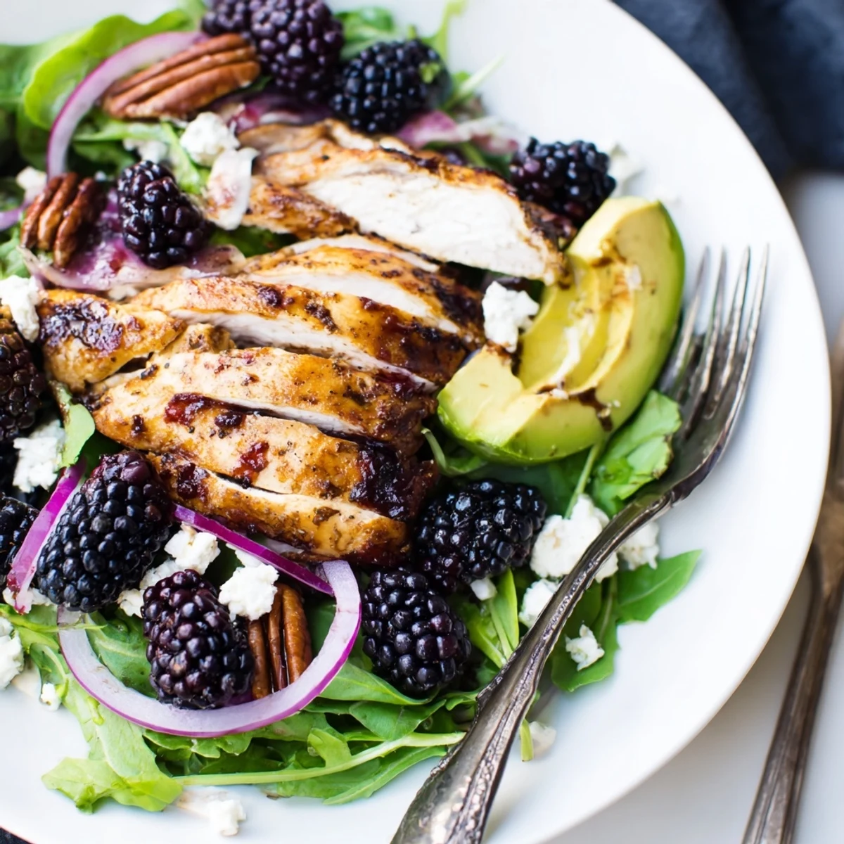 Grilled, juicy Sweet Tangy Blackberry Chicken Salad Recipe with glossy berry vinaigrette