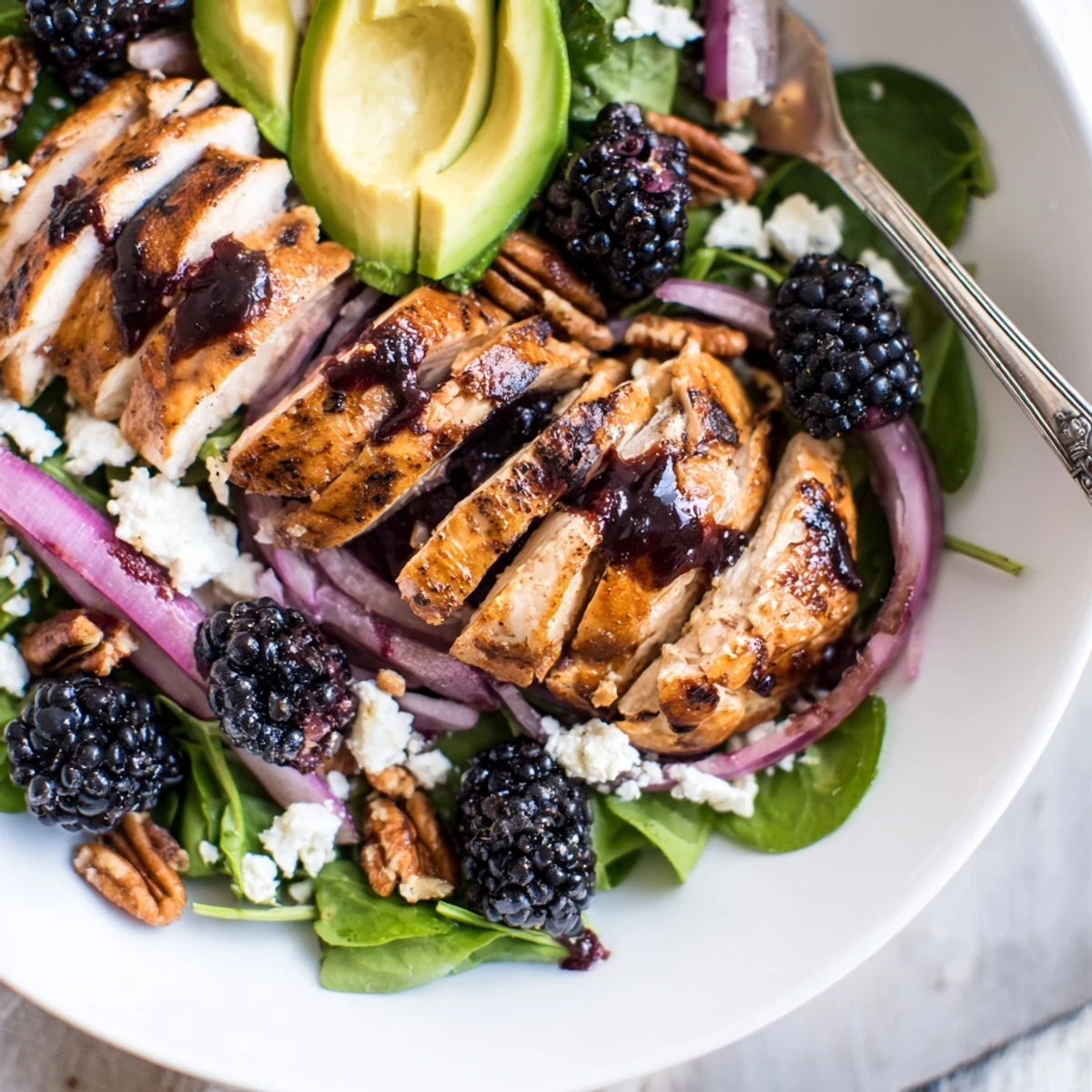 Brightly dressed Sweet Tangy Blackberry Chicken Salad Recipe served chilled for light summer meals
