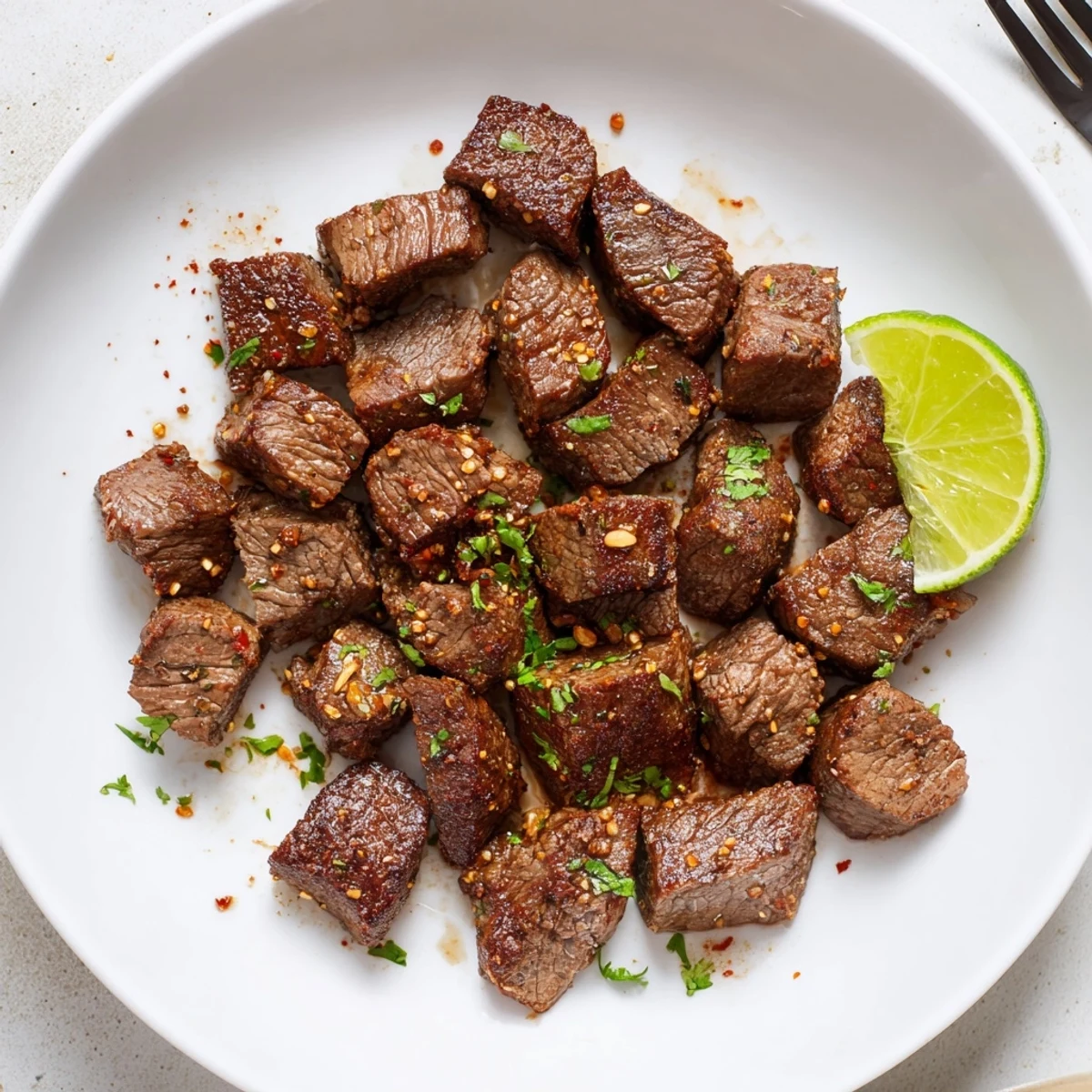 Sweet Spicy Jerk Style Beef Bites, seared caramelized, garnished with cilantro and lime.
