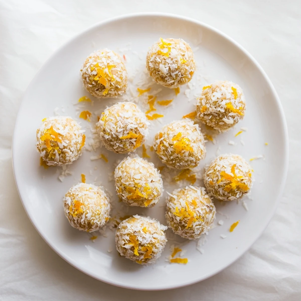 Bite-sized almond and coconut Citrus Bliss Bites arranged on a rustic wooden board