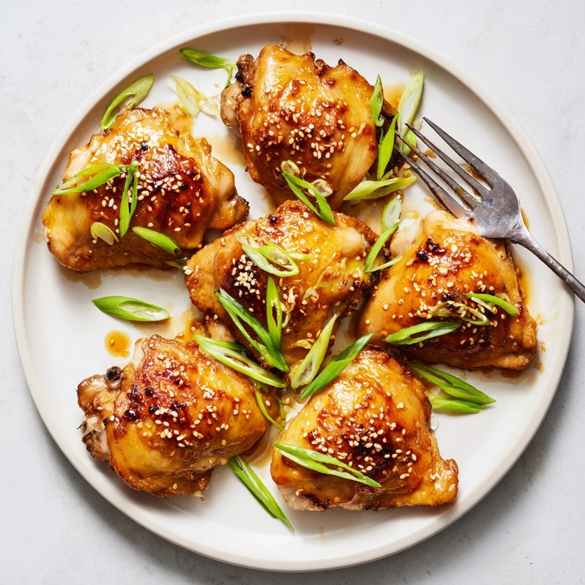 Golden glazed bone in teriyaki chicken thighs with crispy skin and savory sweet sauce