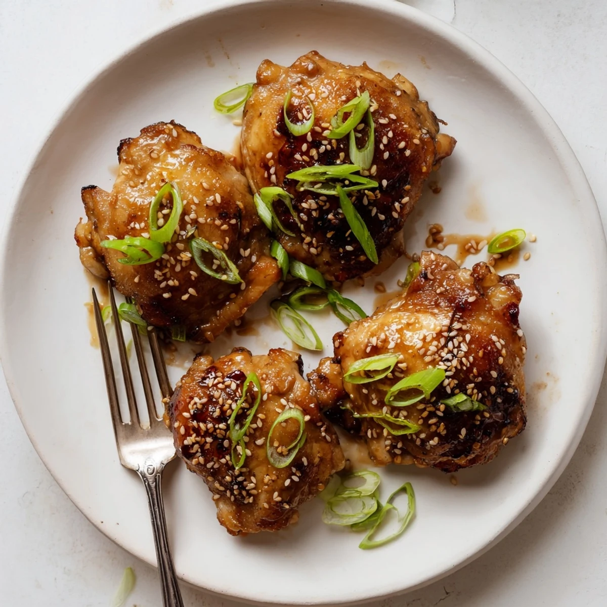 Oven roasted teriyaki chicken thighs on a serving platter drizzled with thick glossy sauce