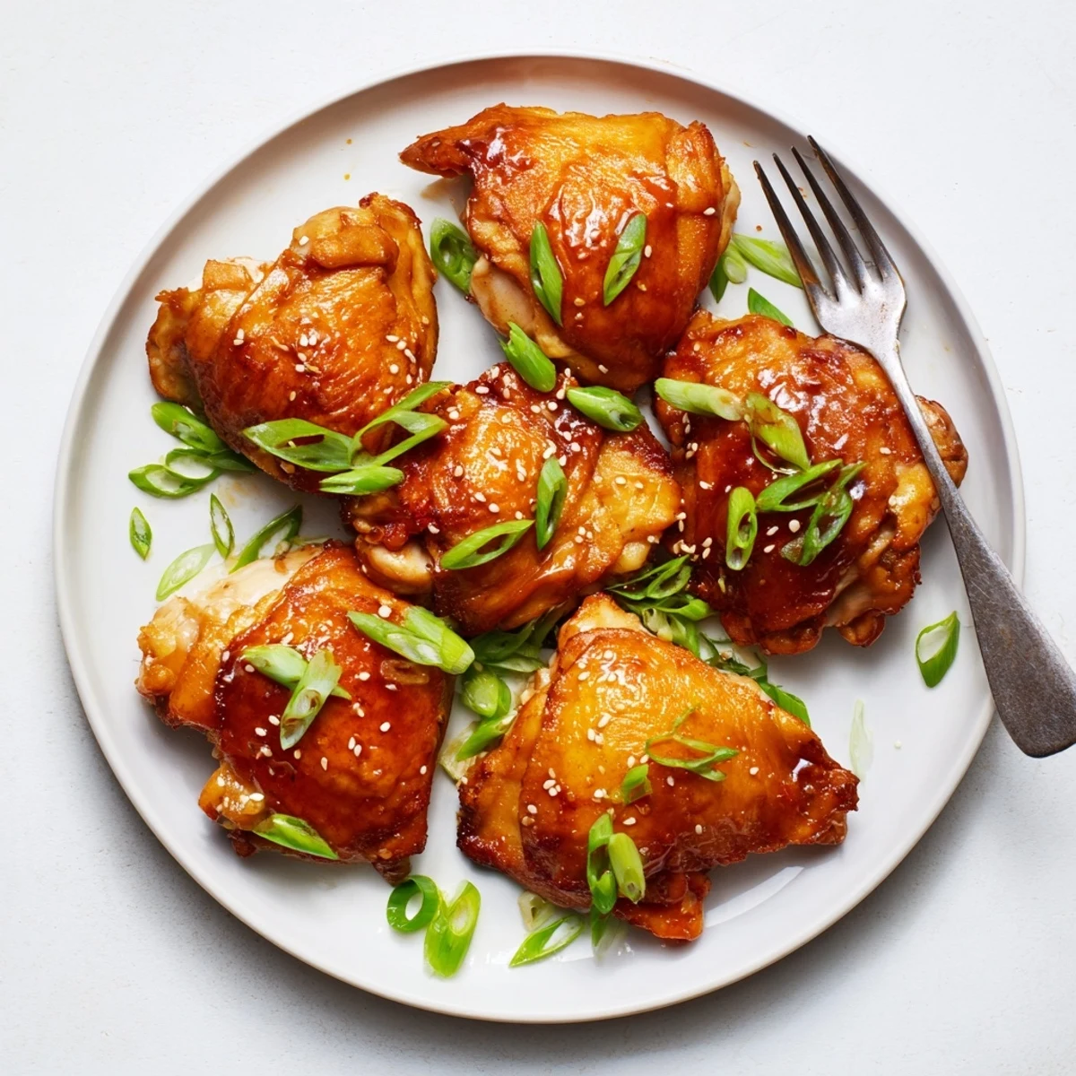 Juicy bone in chicken thighs brushed with teriyaki glaze and sprinkled with sesame seeds