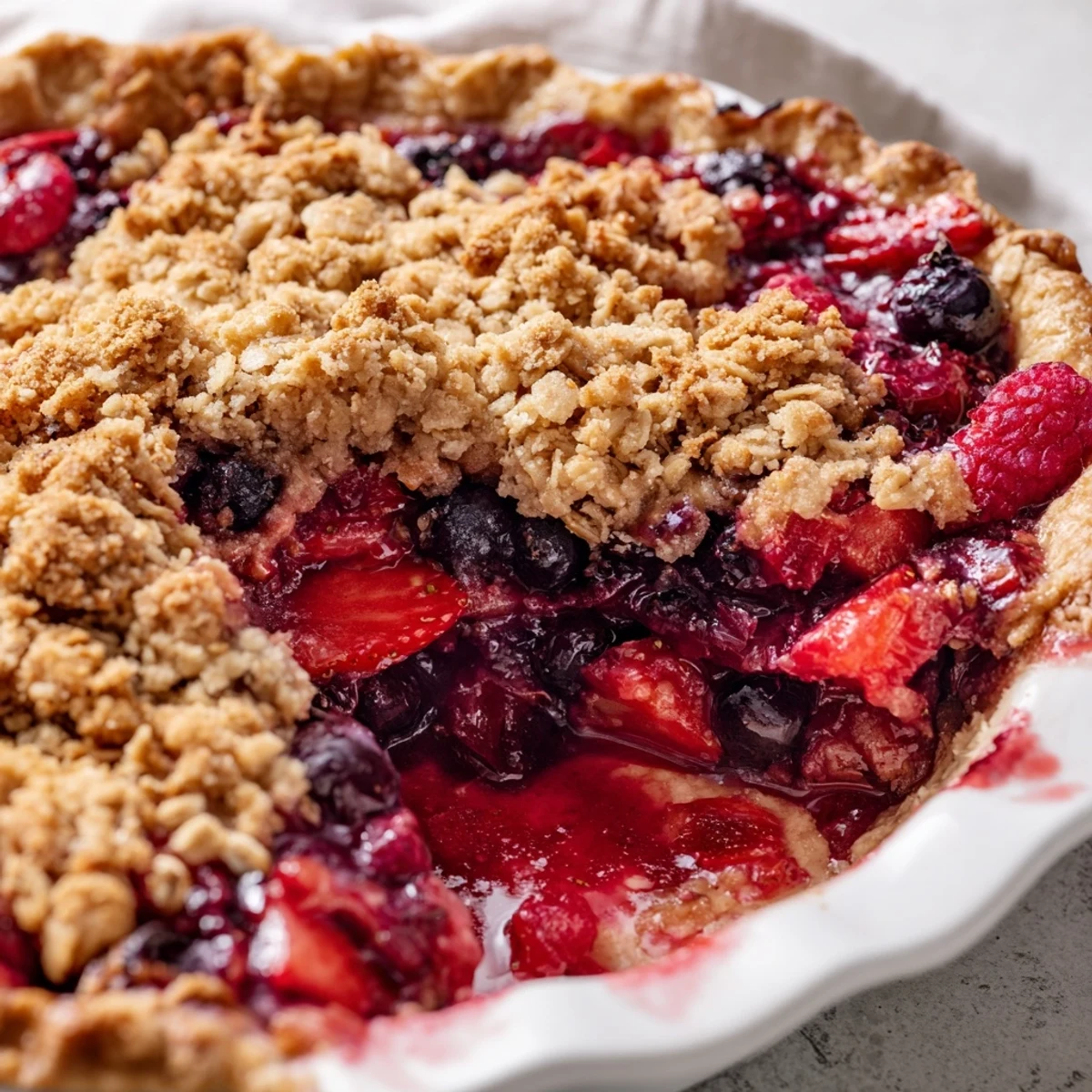 Golden crumble topped sweet berry rhubarb dream pie with bubbling red and blue fruit filling