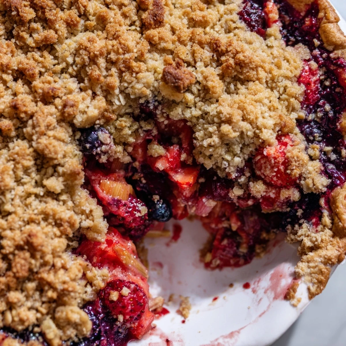 Slice of sweet berry rhubarb dream pie showing vibrant strawberries raspberries and rhubarb beneath buttery oats