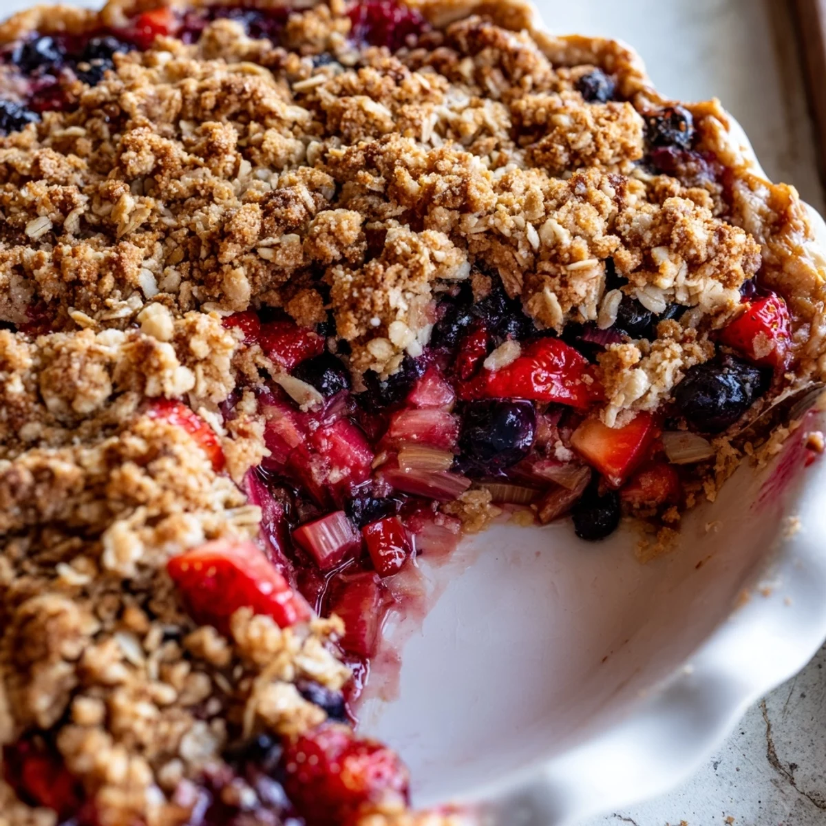 Homemade sweet berry rhubarb dream pie fresh from oven with golden brown crumble and juicy berry layers