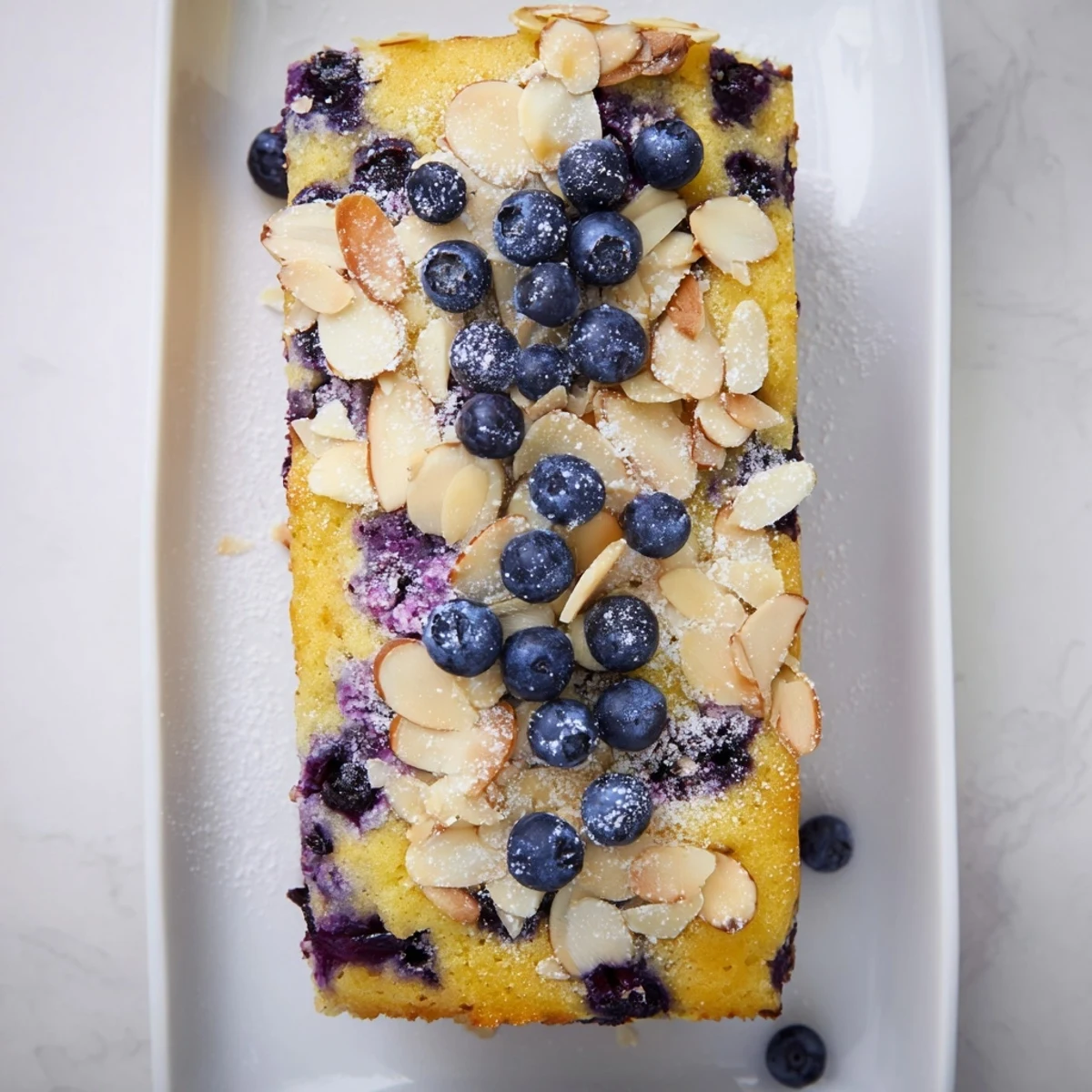 Moist lemon blueberry poke cake drizzled with lemon syrup and sprinkled with crunchy toasted almonds and powdered sugar