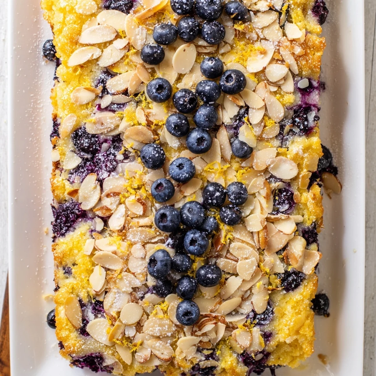 Golden lemon blueberry poke cake with toasted almond topping and fresh blueberry garnish on a white serving plate