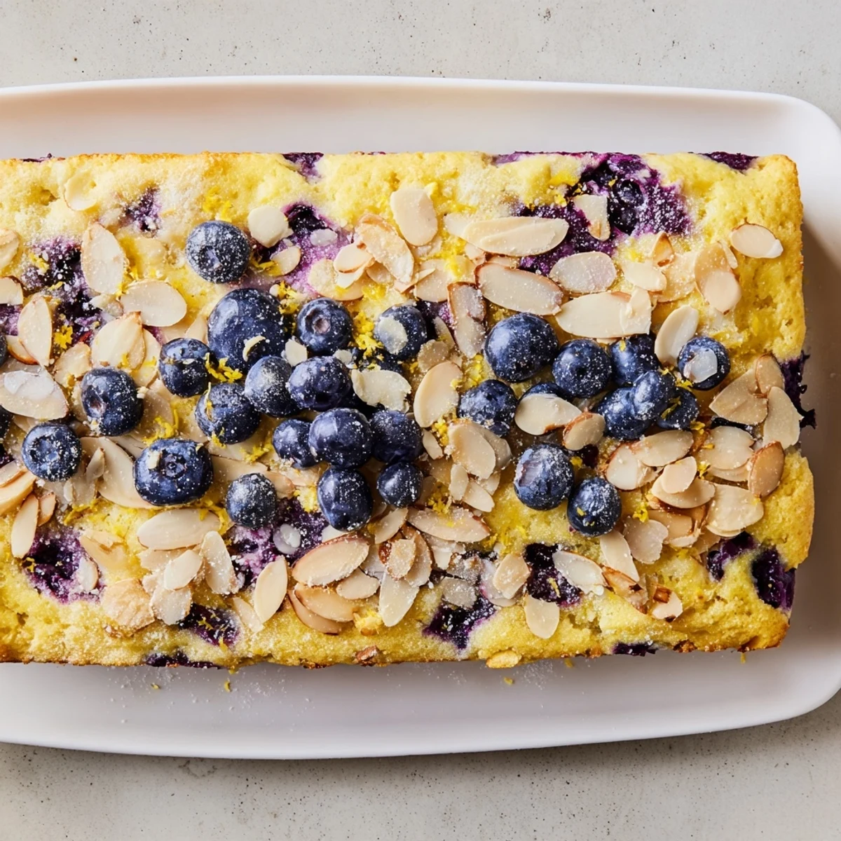 Slice of lemon blueberry poke cake showing pudding-filled holes topped with caramelized sliced almonds and extra fresh berries