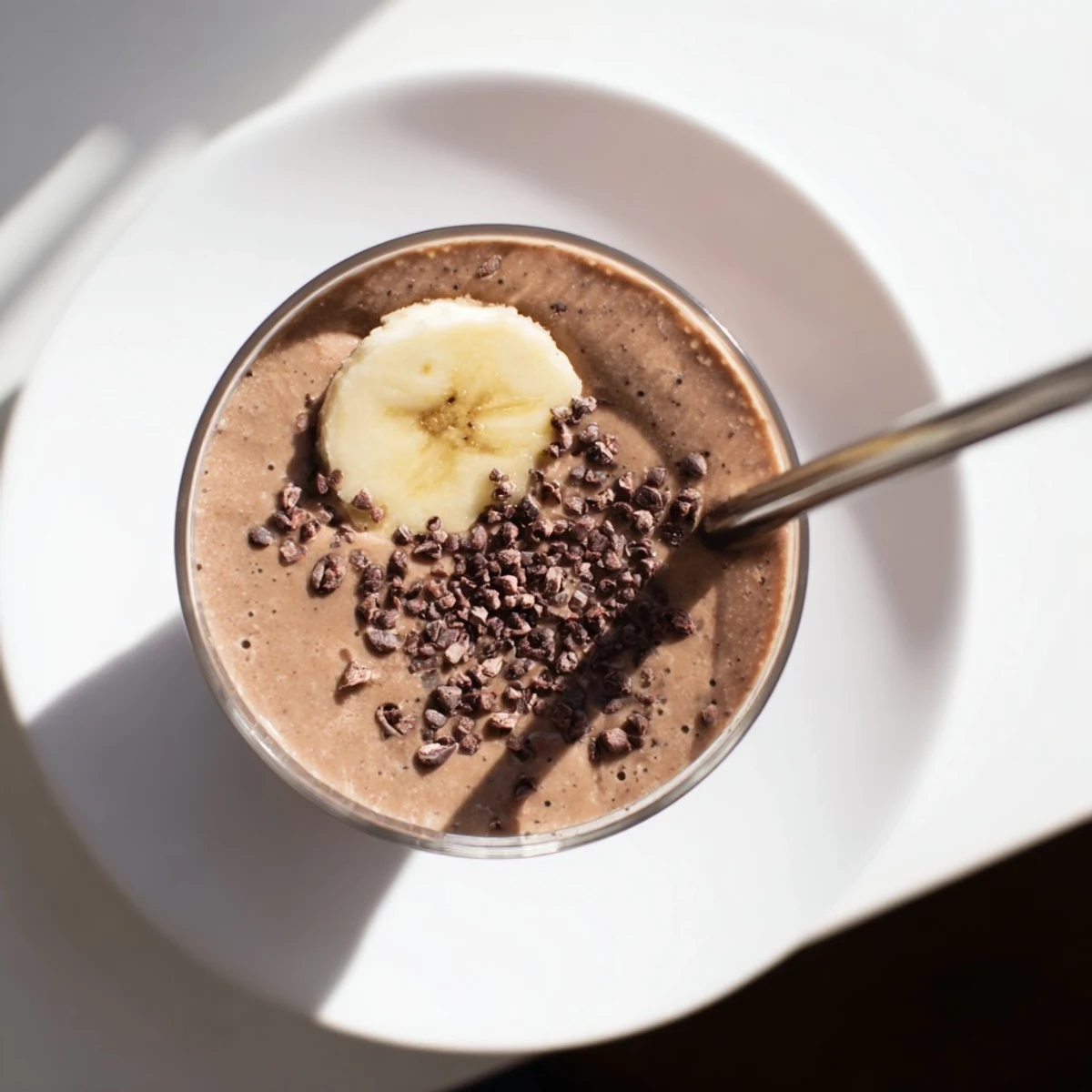 Thick creamy raw chocolate banana shake poured into tall glasses with visible swirls