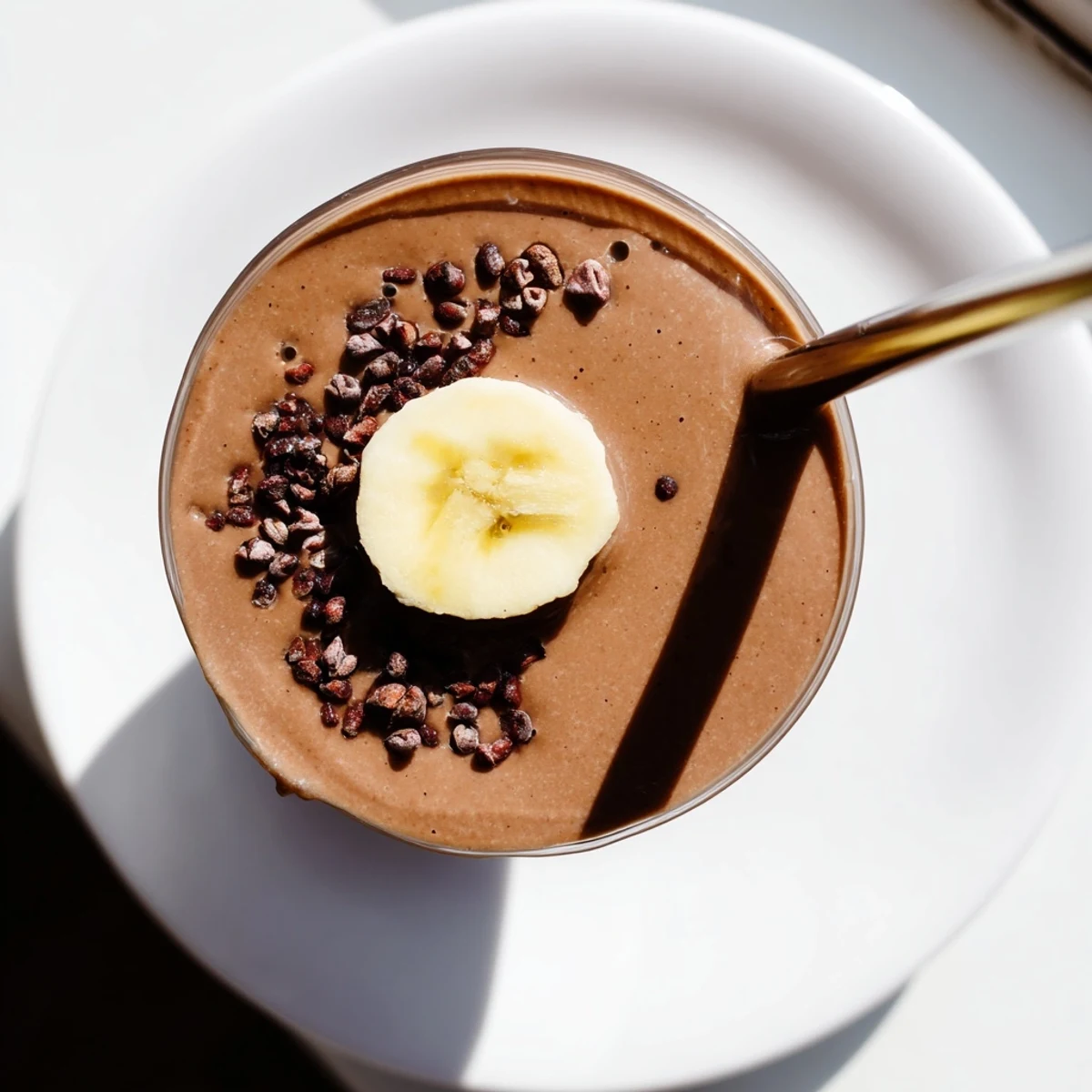 Rich dairy-free raw chocolate banana shake blending frozen bananas and raw cacao powder
