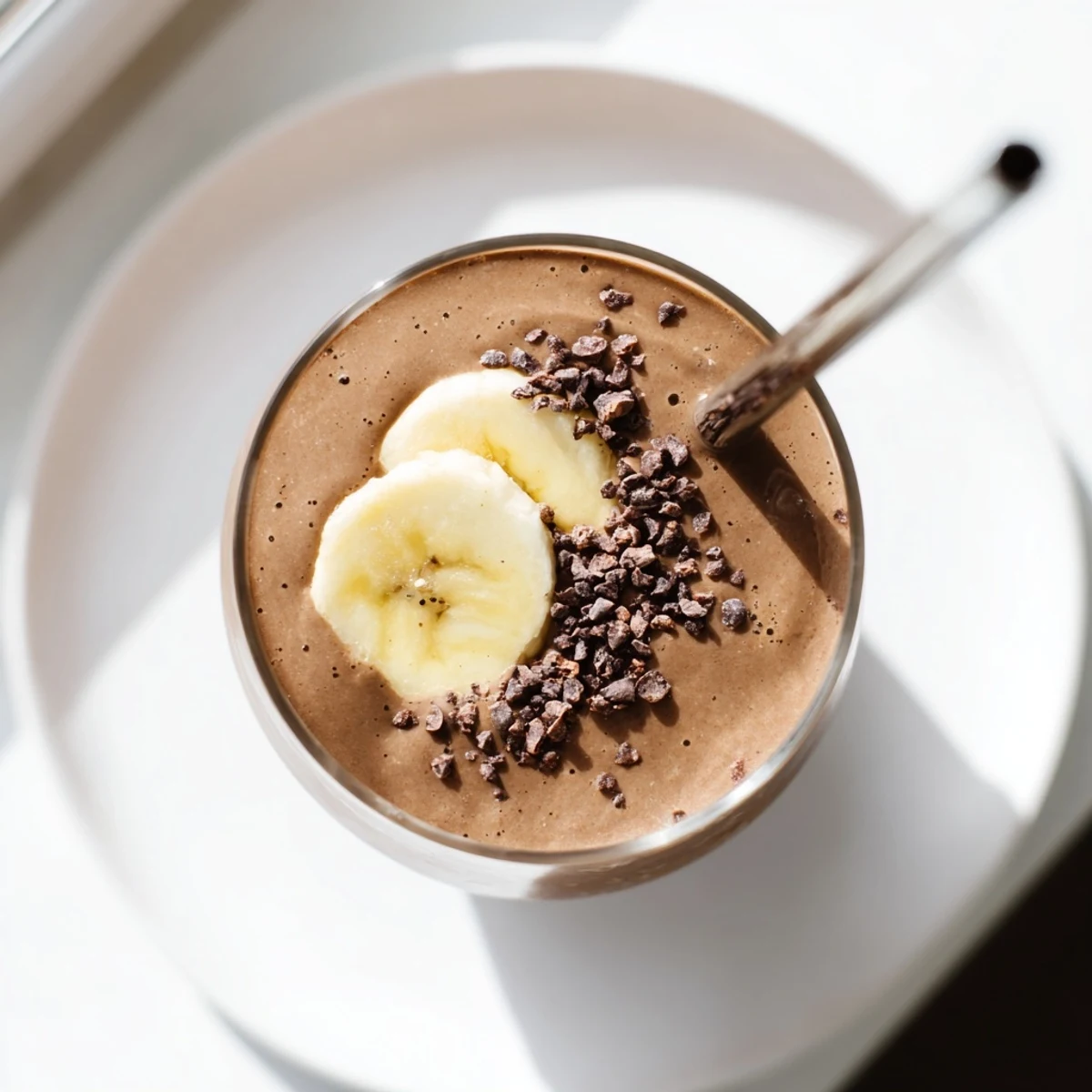 Glossy raw chocolate banana shake topped with fresh banana slices and cacao nibs