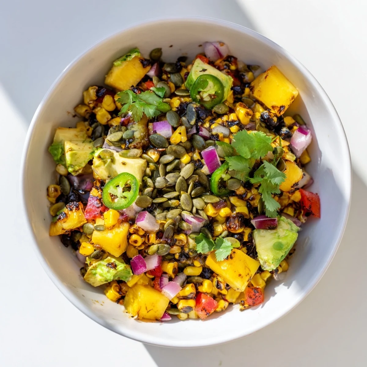 Vibrant tropical charred corn and avocado salad bowl with fresh mango pineapple chunks