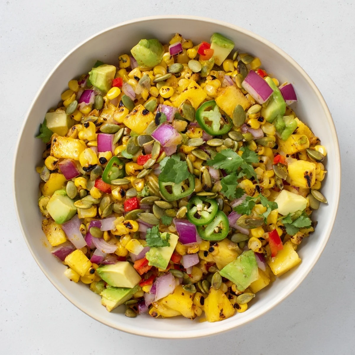 Creamy avocado tossed with smoky charred corn and zesty lime dressing