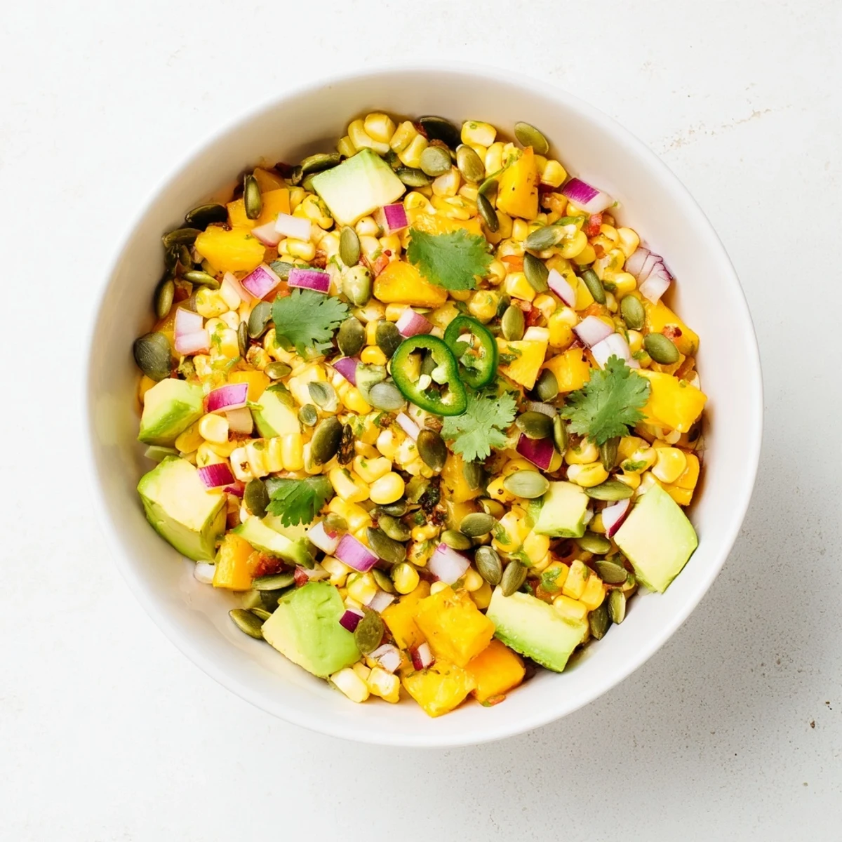 Colorful plate of tropical charred corn and avocado salad garnished with cilantro