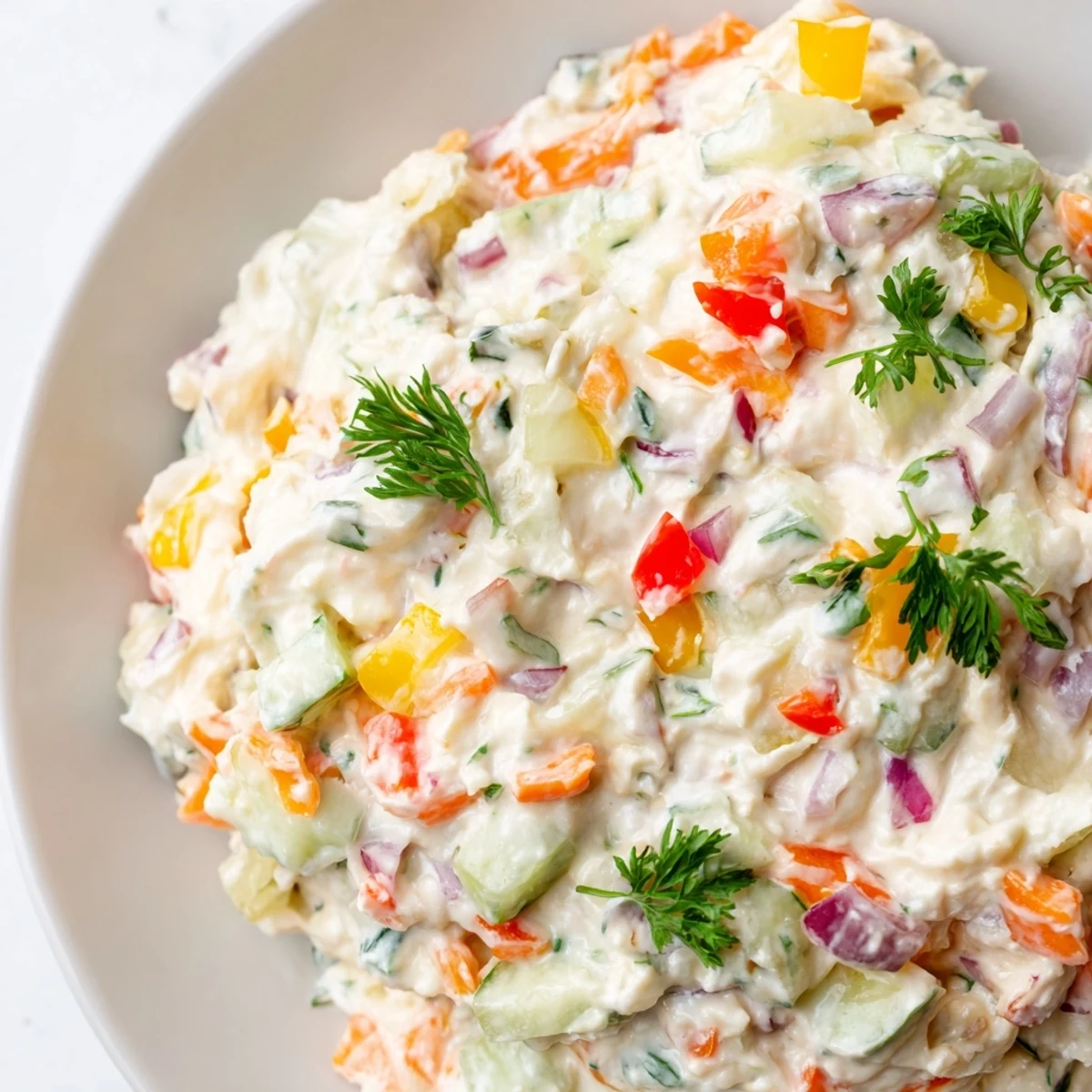 Creamy garden vegetable spread topped with colorful diced peppers and fresh parsley