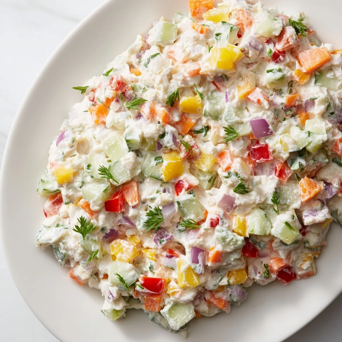 Vibrant vegetable dip spread on crackers with cucumber and carrot pieces