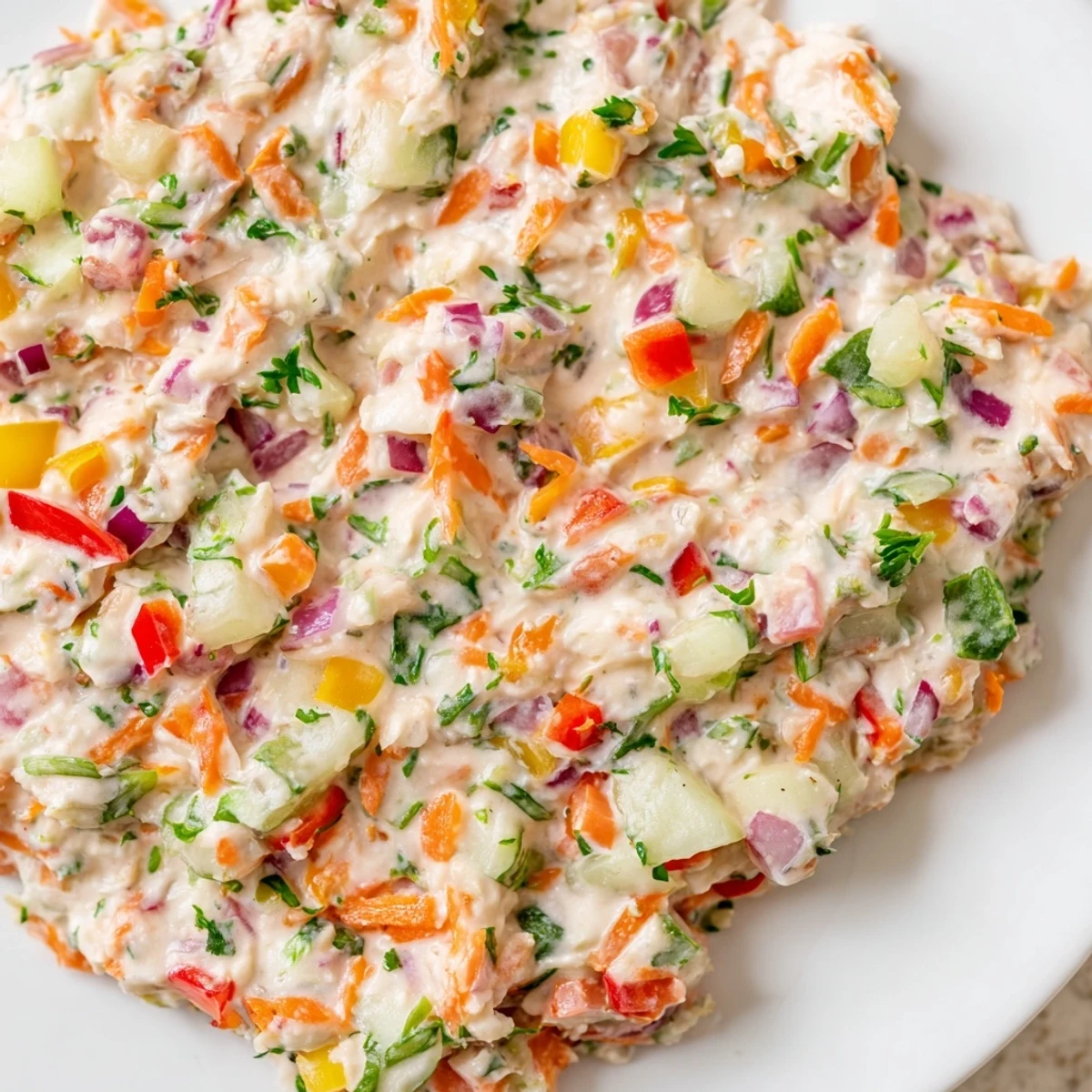 White bowl of garden vegetable spread garnished with red bell pepper and herbs