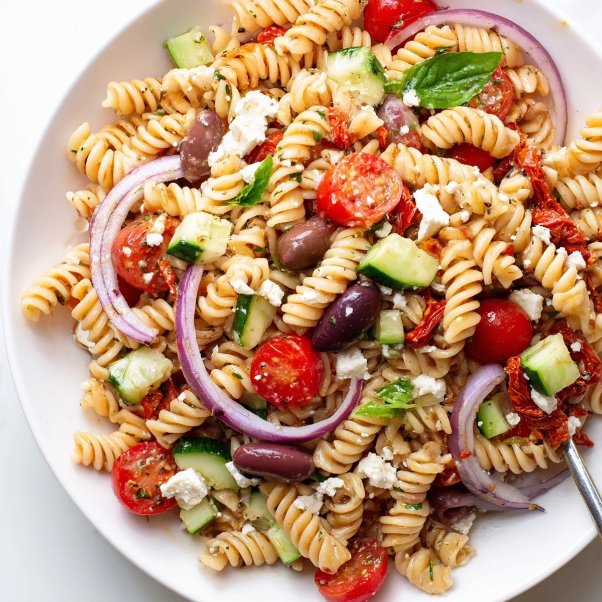 Sun Dried Tomato Pasta Salad with feta, basil, and tangy olive oil dressing