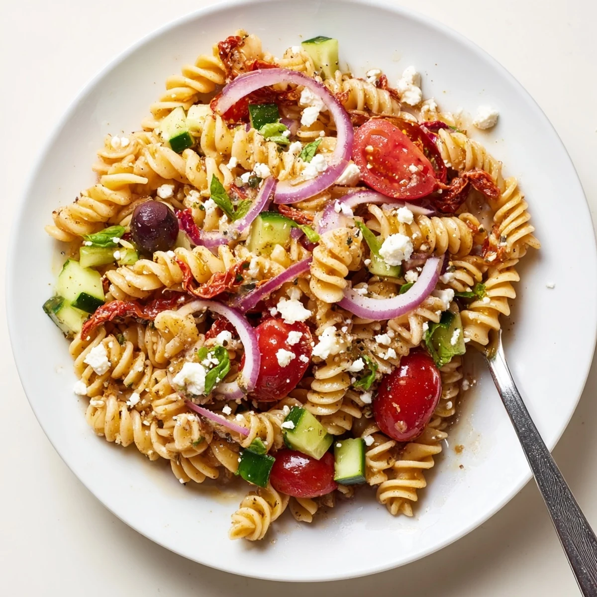 Chilled Sun Dried Tomato Pasta Salad studded with olives, cucumber, and crisp parsley
