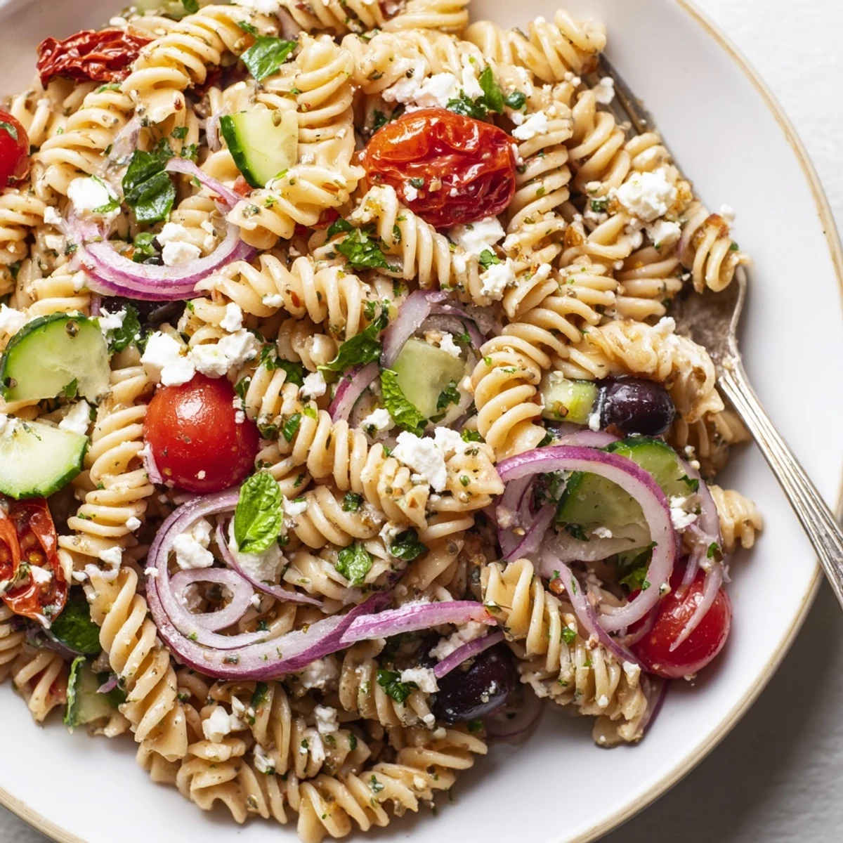 Picnic-ready Sun Dried Tomato Pasta Salad tossed in zesty red wine vinaigrette