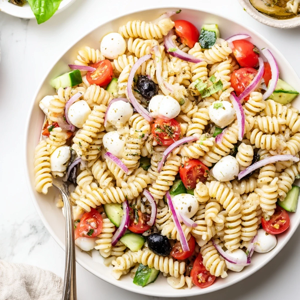 Italian Pasta Salad with cherry tomatoes, mozzarella, and bright basil vinaigrette