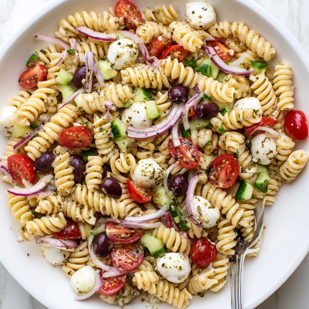 Chilled Italian Pasta Salad piled in bowl, crisp cucumbers and olives