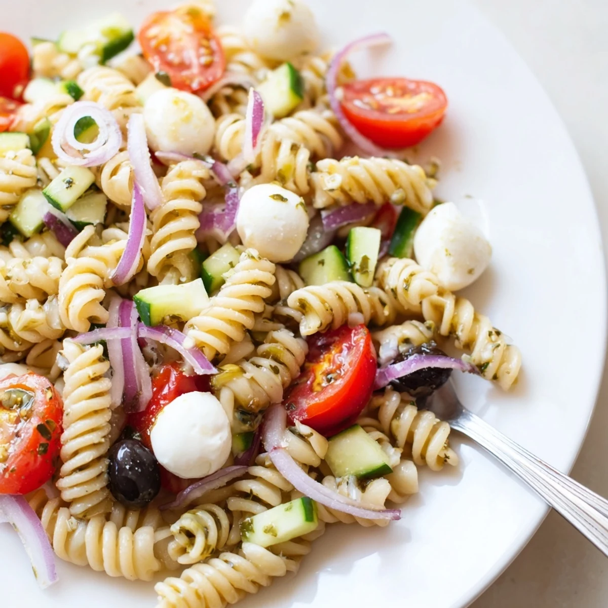 Picnic ready Italian Pasta Salad tossed with garlic dressing, refreshing summer flavors