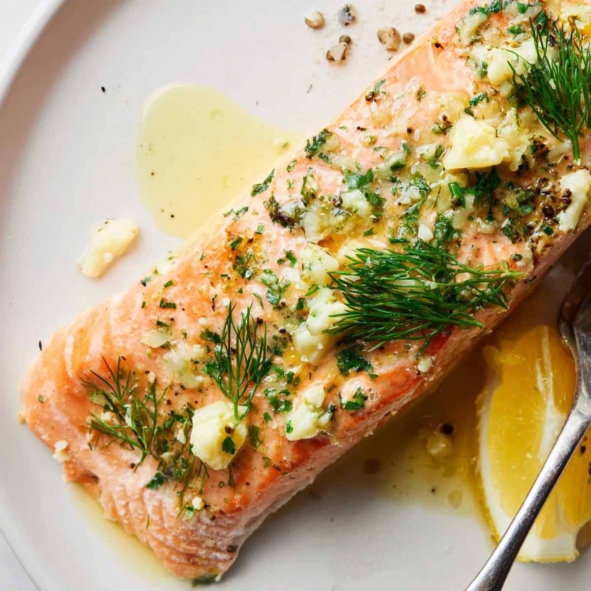 Garlic Butter Ghee Salmon Bake with golden crust, fragrant garlic, lemon wedges