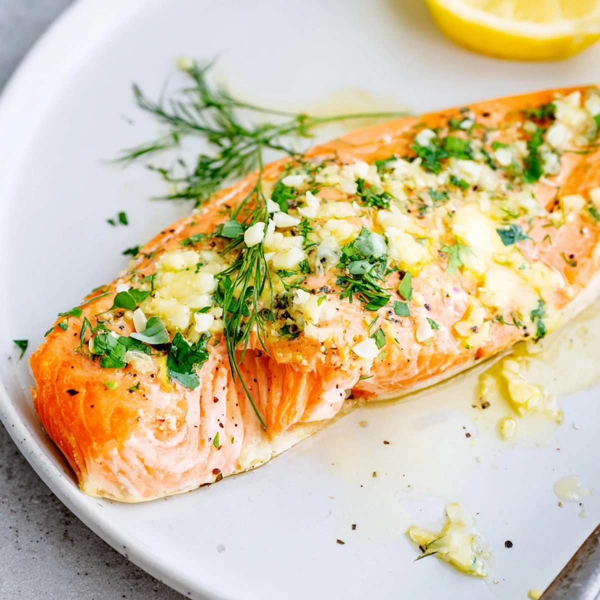Oven roasted Garlic Butter Ghee Salmon Bake resting on parchment, herbs sprinkled