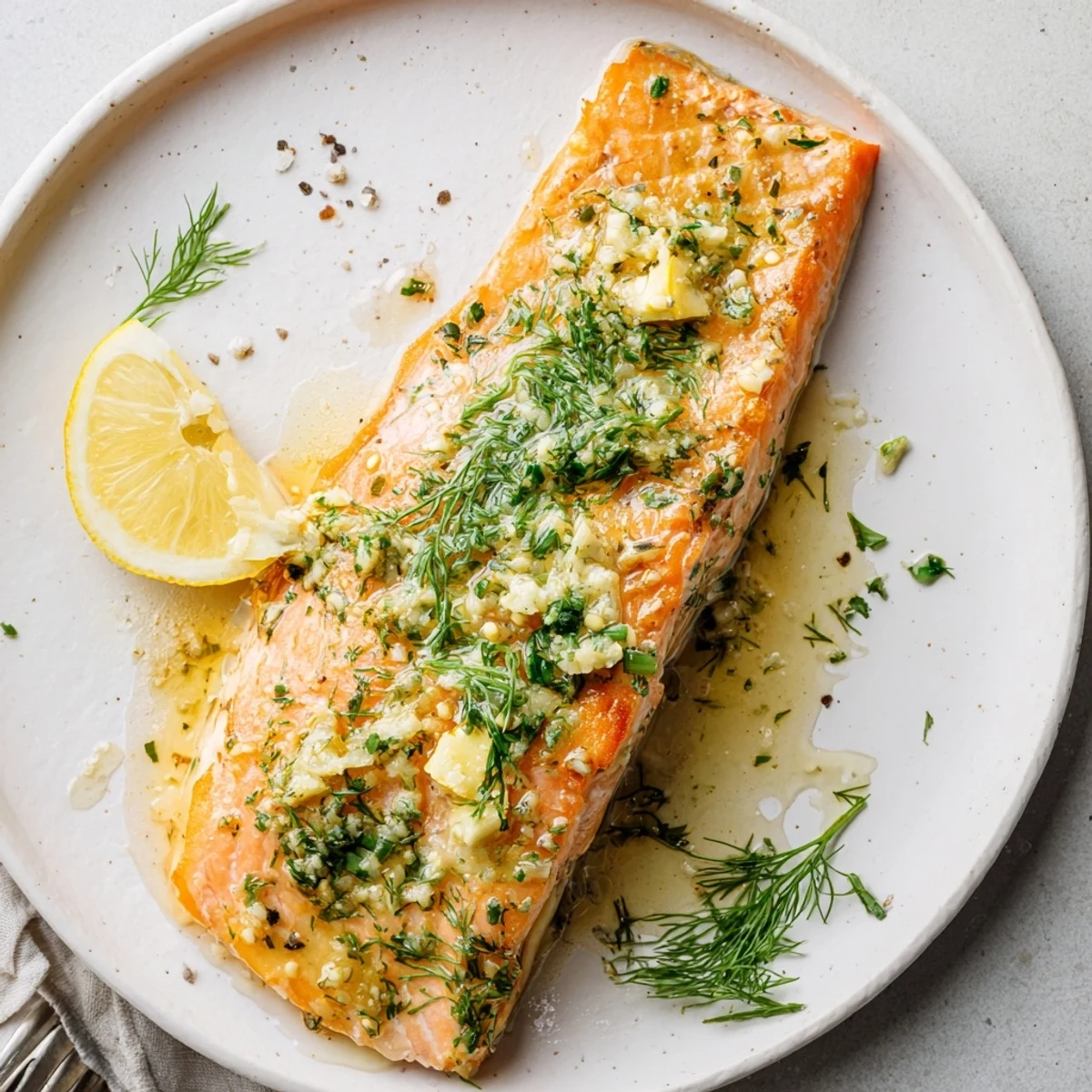 Weeknight Garlic Butter Ghee Salmon Bake served hot with bright lemon