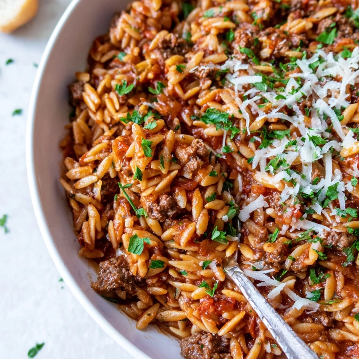 Hearty bowl of Ground Beef Orzo Greek Manestra recipe, topped with cheese  