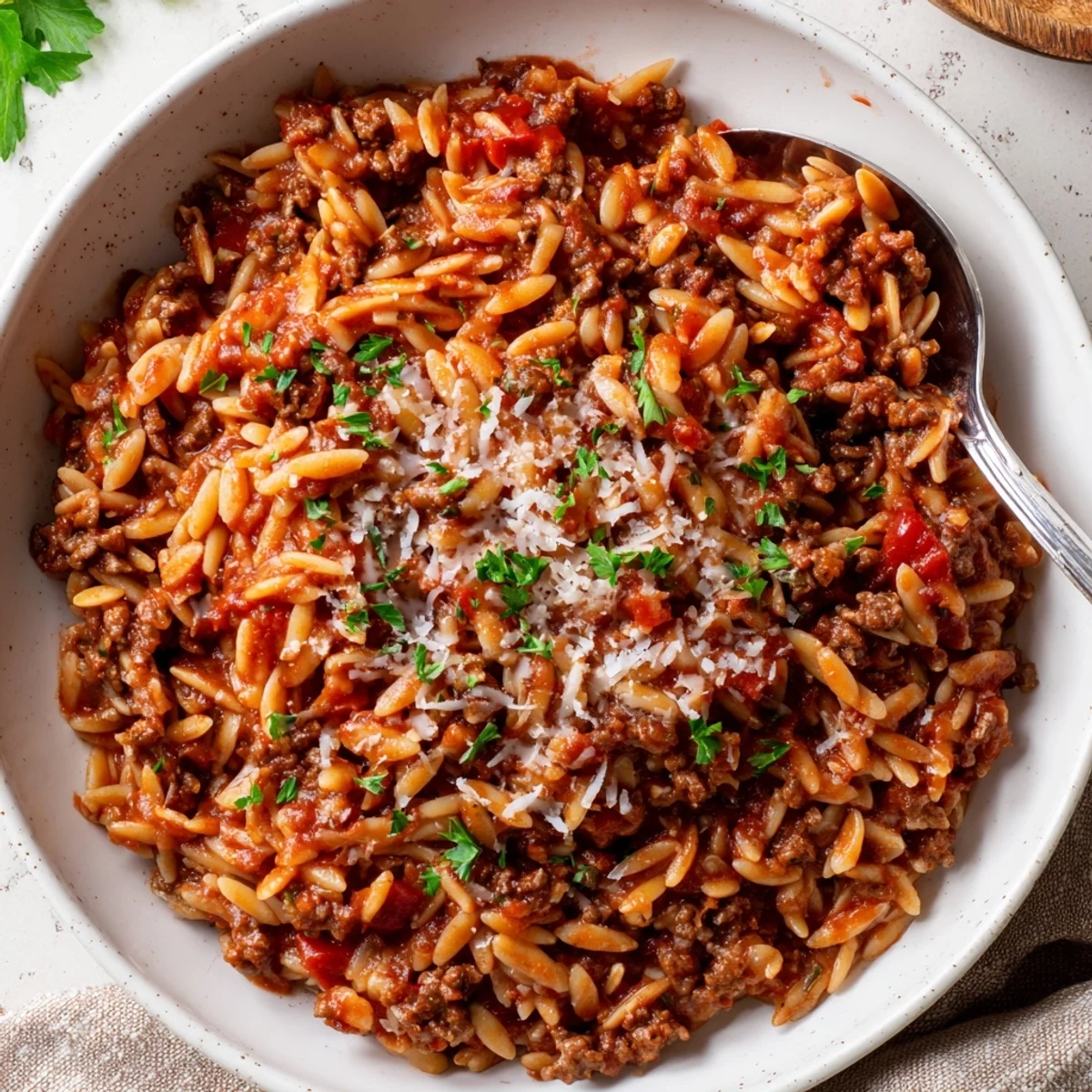Family-style Ground Beef Orzo Greek Manestra spooned into bowls, parsley garnish