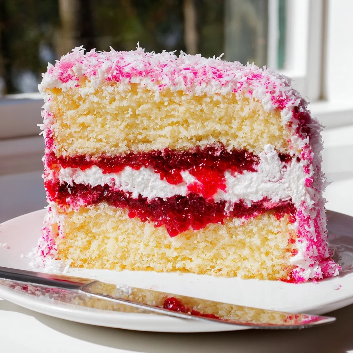 Pink raspberry lamingtons coated in shredded coconut on a rustic serving plate