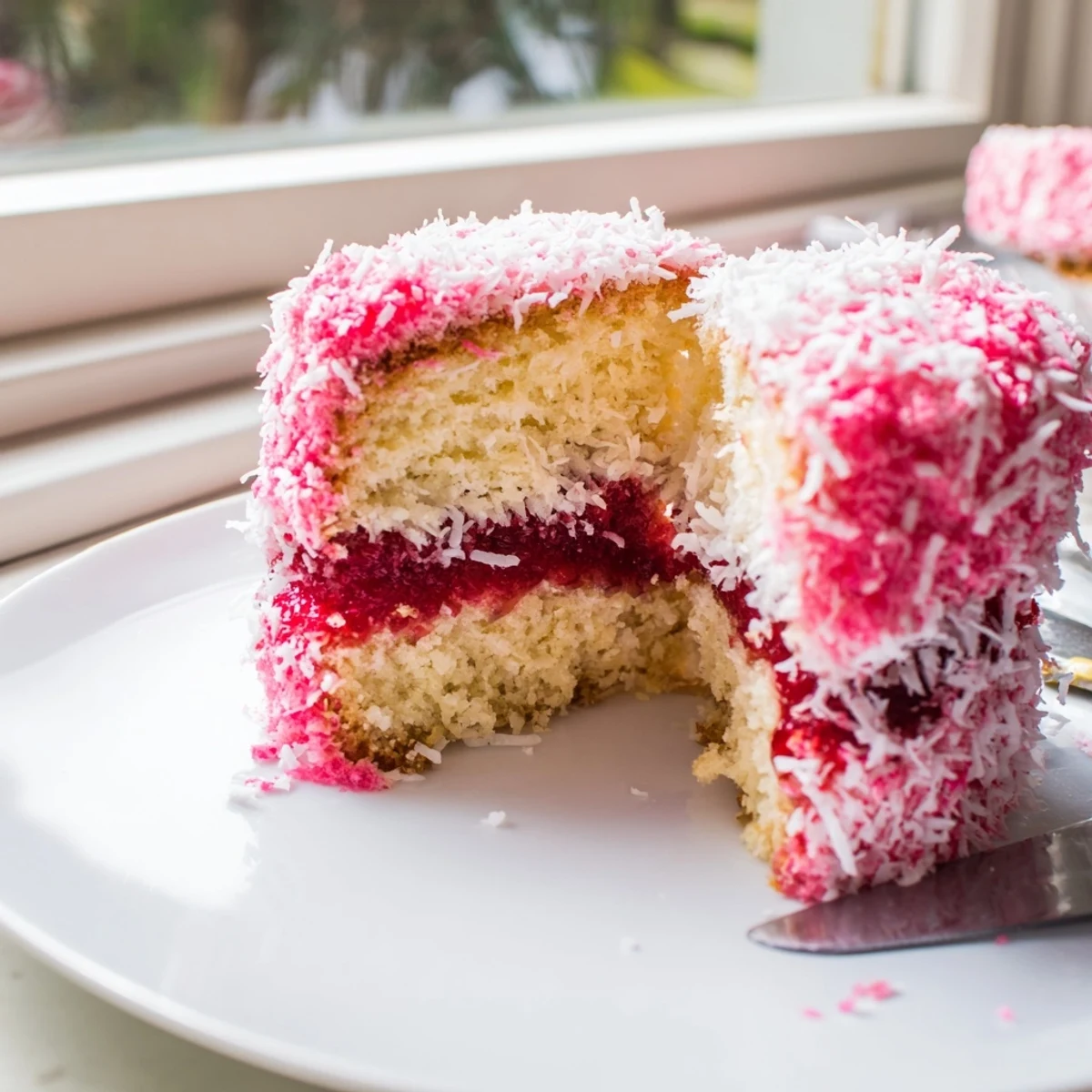 Golden sponge squares dripping with bright raspberry syrup nestled in fluffy coconut