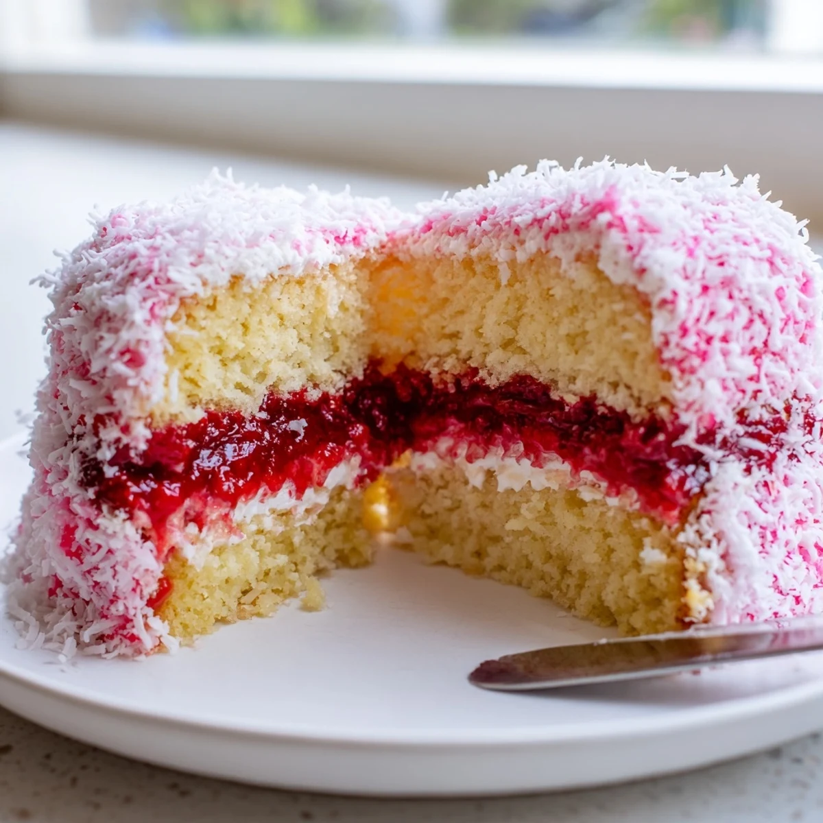 Frosty coconut-dusted raspberry lamingtons stacked on parchment with fresh berries scattered nearby