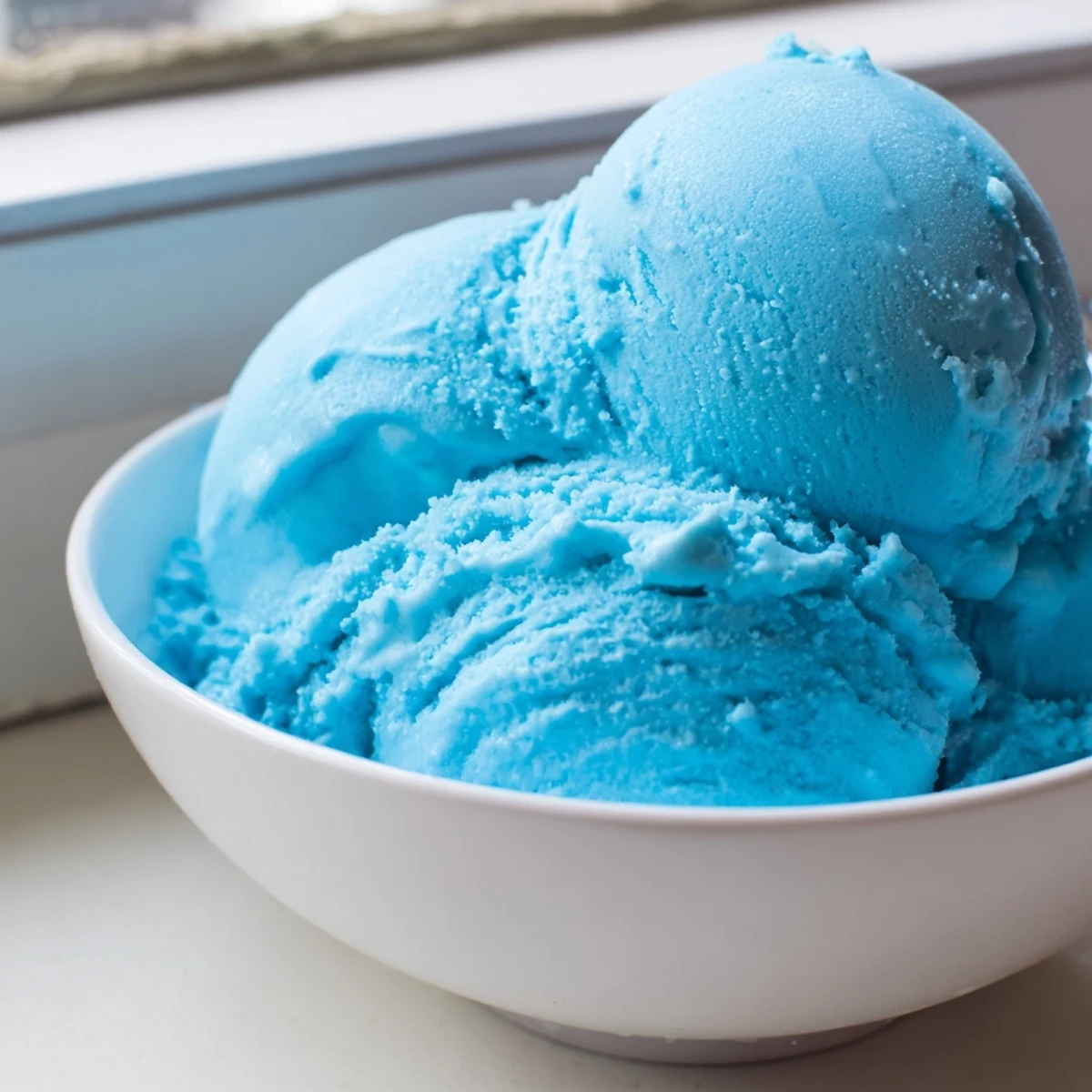 Creamy Blue Moon Ice Cream scooped into a waffle cone with colorful sprinkles