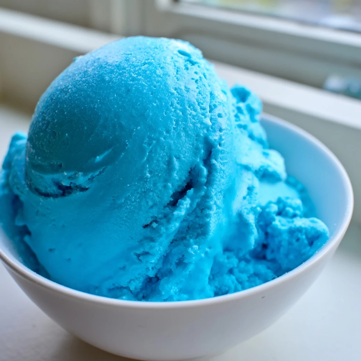 Homemade Blue Moon Ice Cream served in golden waffle cones on a summer table