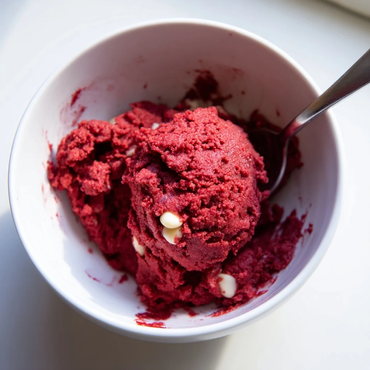 Creamy edible red velvet cookie dough scooped into bite-sized balls with white chocolate chips