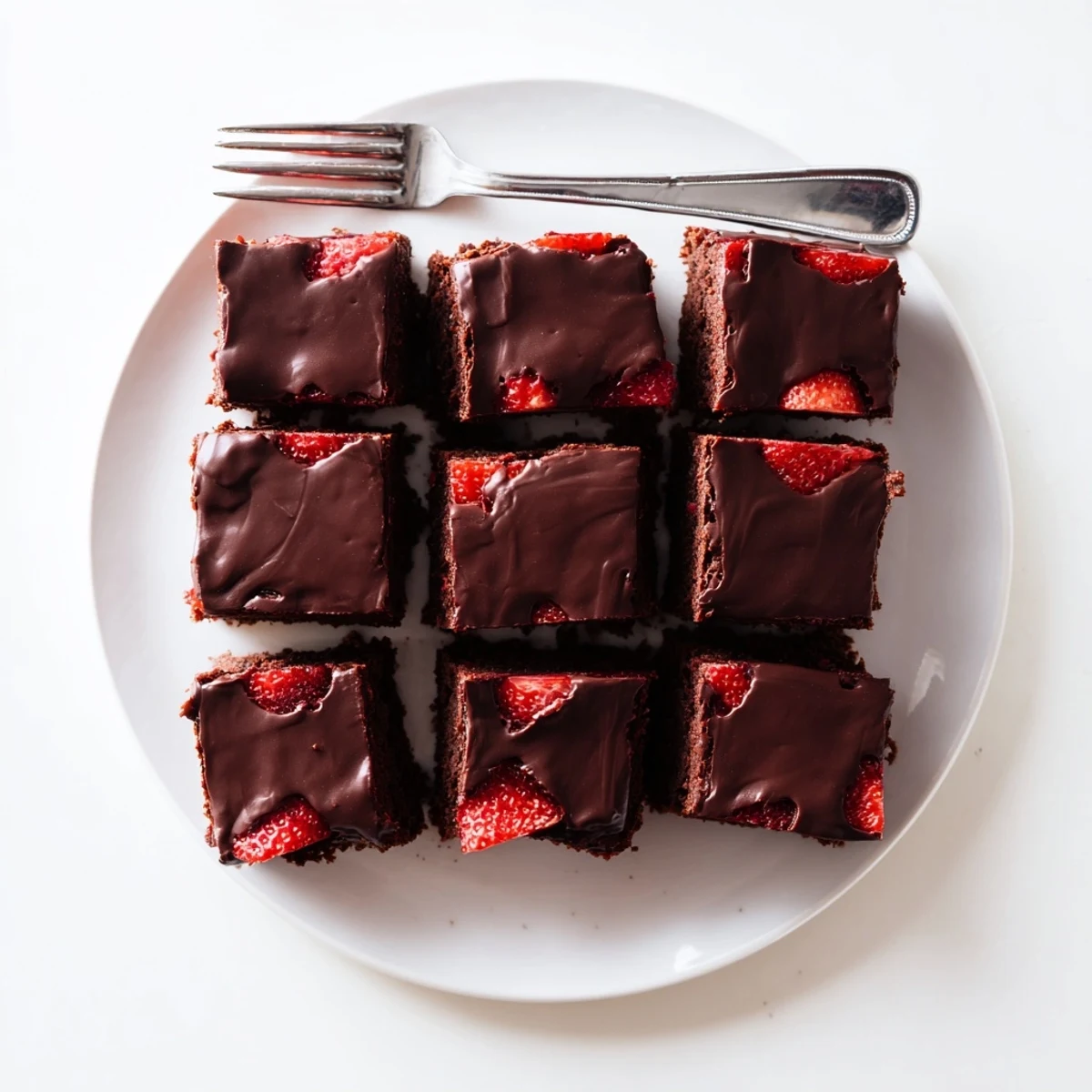 Fudgy chocolate covered strawberry brownies sliced into squares with glossy chocolate coating