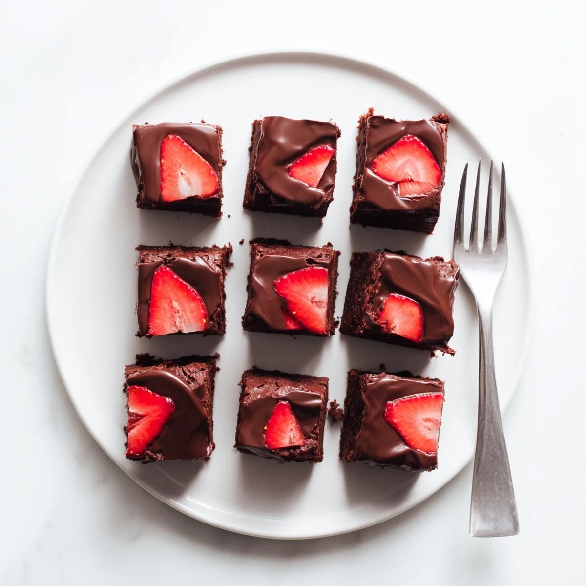 Rich chocolate covered strawberry brownies topped with fresh berries and melted chocolate