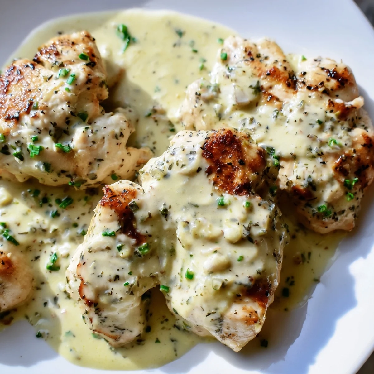 Creamy Boursin sauce with garlic and fine herbs drizzled over golden seared chicken breasts