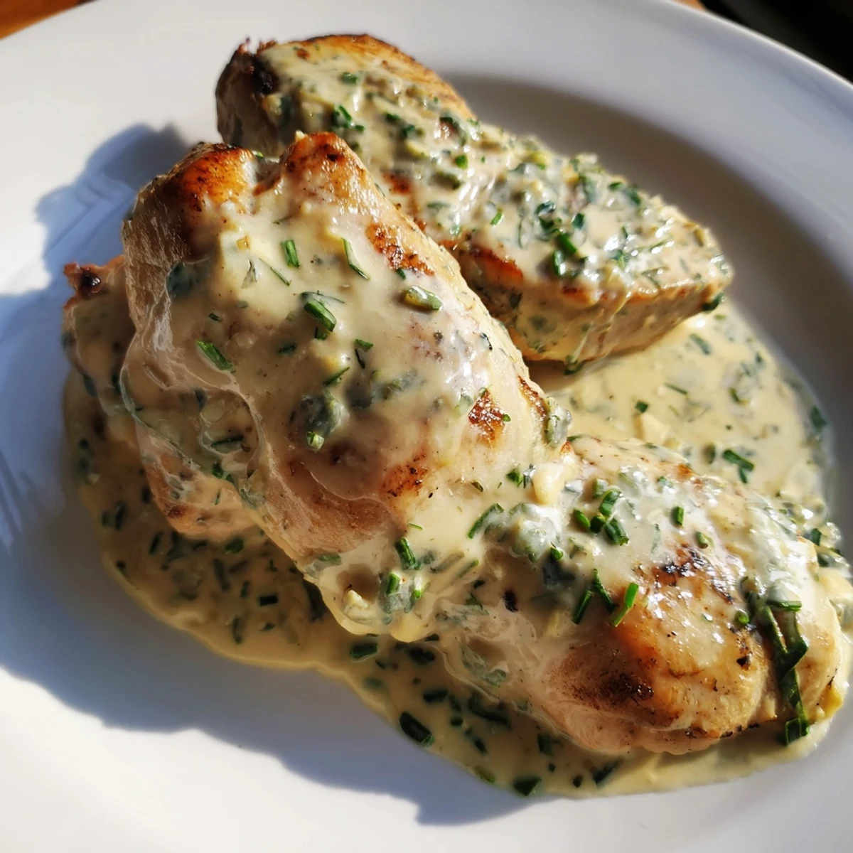 Juicy pan-seared chicken nestled in a rich, velvety garlic and fine herbs Boursin sauce