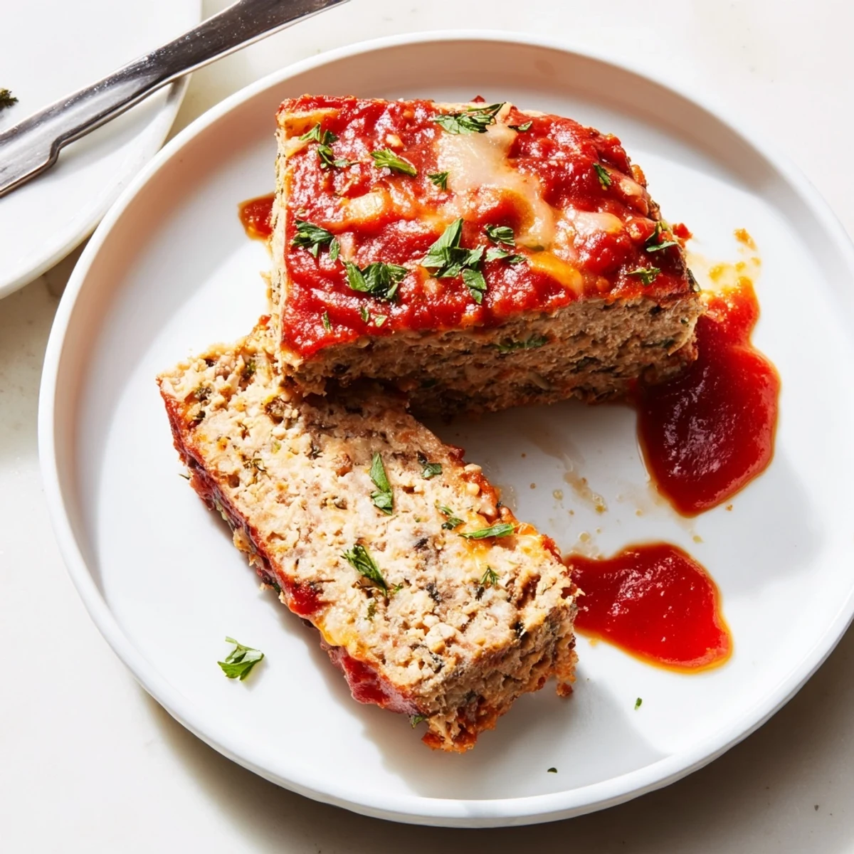 Golden Parmesan chicken meatloaf sliced and topped with rich marinara sauce